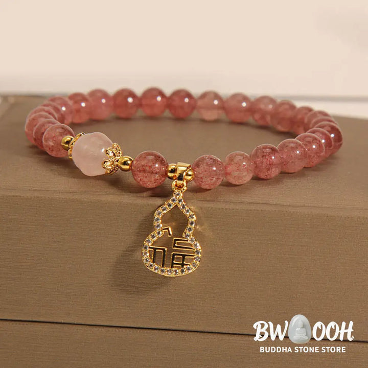 Buddha Stones Strawberry Quartz Gourd Fu Character Charm Positive Bracelet - BWOOOH - Strawberry Quartz(Wrist