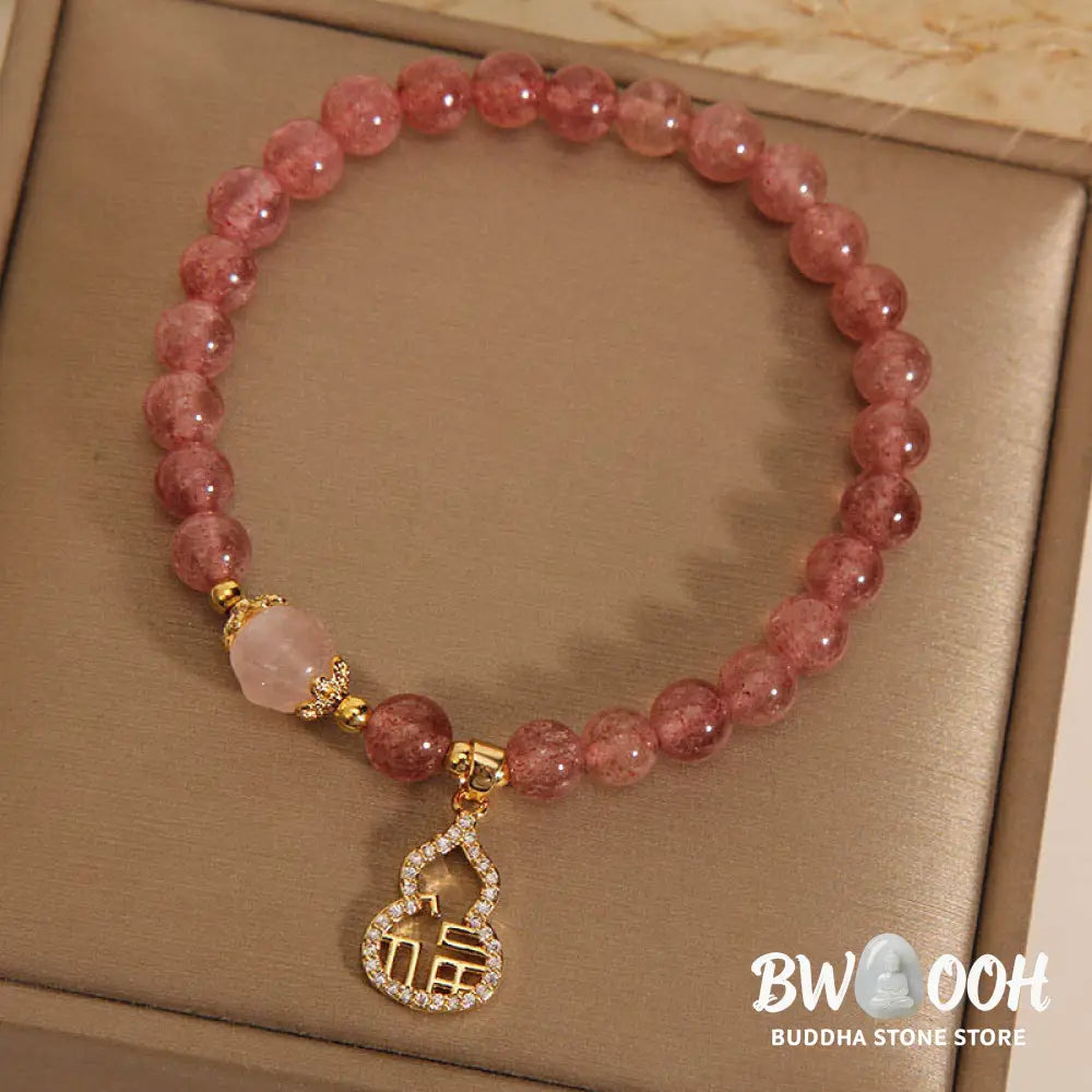 Buddha Stones Strawberry Quartz Gourd Fu Character Charm Positive Bracelet - BWOOOH - Strawberry Quartz(Wrist