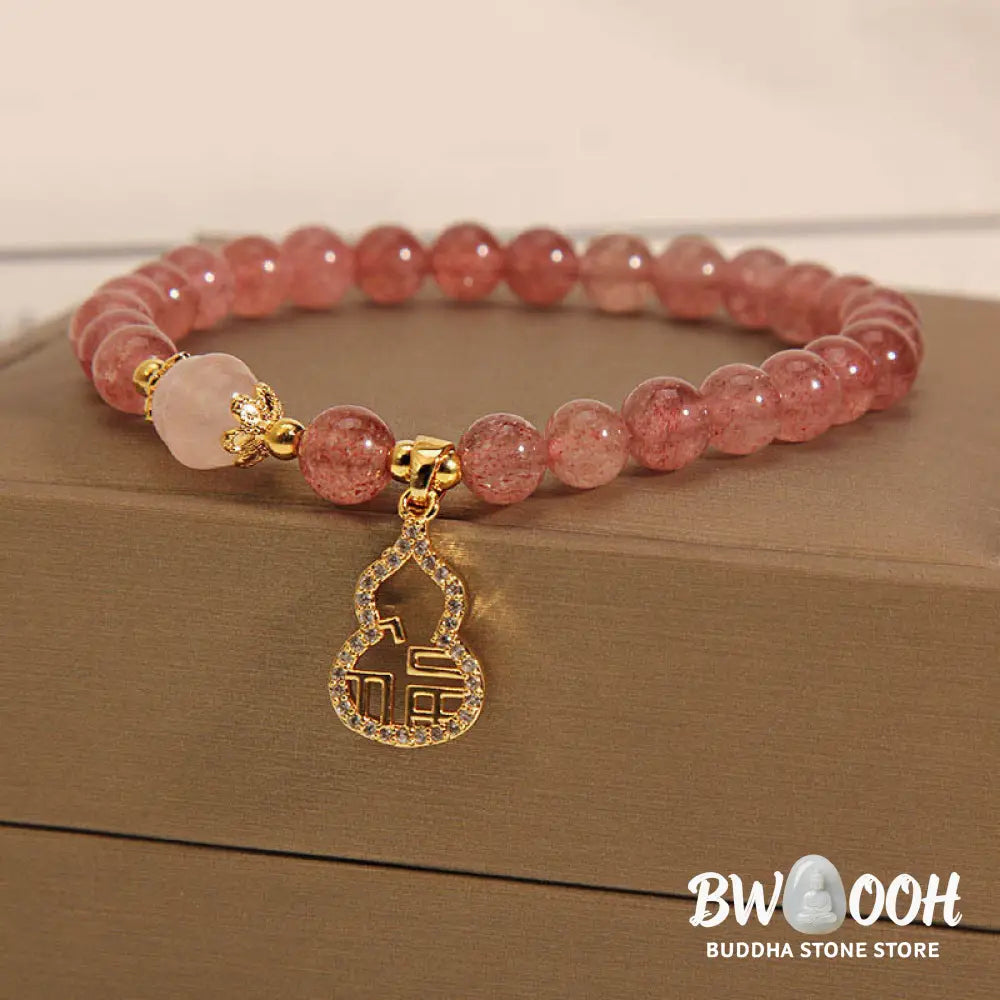 Buddha Stones Strawberry Quartz Gourd Fu Character Charm Positive Bracelet - BWOOOH - Strawberry Quartz(Wrist