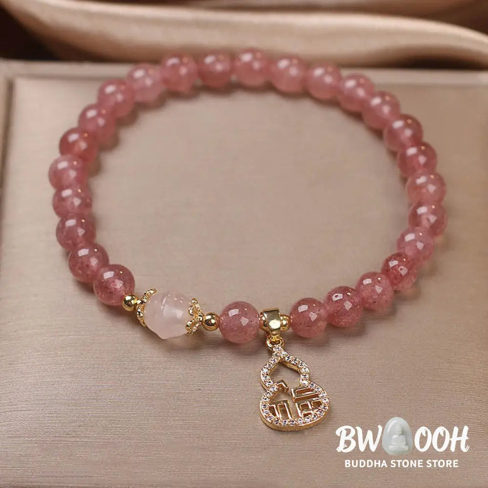 Buddha Stones Strawberry Quartz Gourd Fu Character Charm Positive Bracelet - BWOOOH - Strawberry Quartz(Wrist