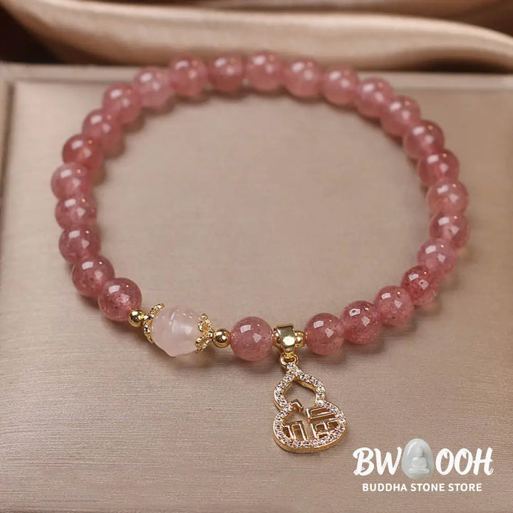 Buddha Stones Strawberry Quartz Gourd Fu Character Charm Positive Bracelet - BWOOOH - Strawberry Quartz(Wrist