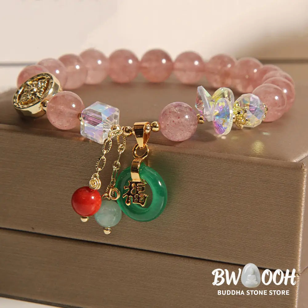 BWOOOH Strawberry Quartz Jade Fu Character Charm Healing Bracelet - Strawberry Quartz(Wrist Circumference
