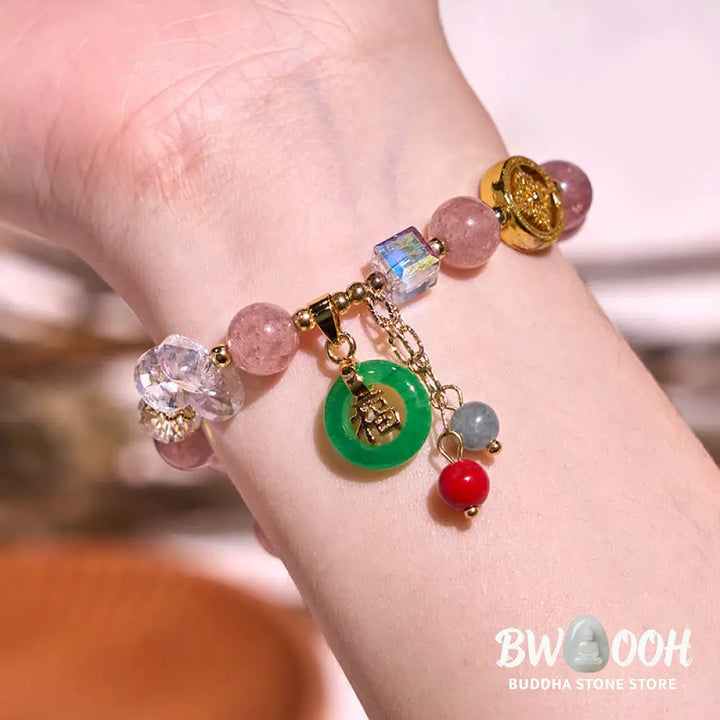 Buddha Stones Strawberry Quartz Jade Fu Character Charm Healing Bracelet - BWOOOH - Bracelet