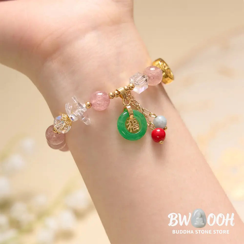 Buddha Stones Strawberry Quartz Jade Fu Character Charm Healing Bracelet - BWOOOH - Bracelet