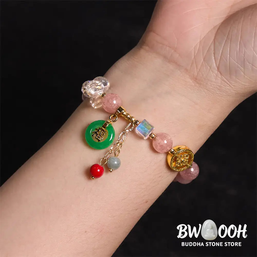 Buddha Stones Strawberry Quartz Jade Fu Character Charm Healing Bracelet - BWOOOH - Bracelet