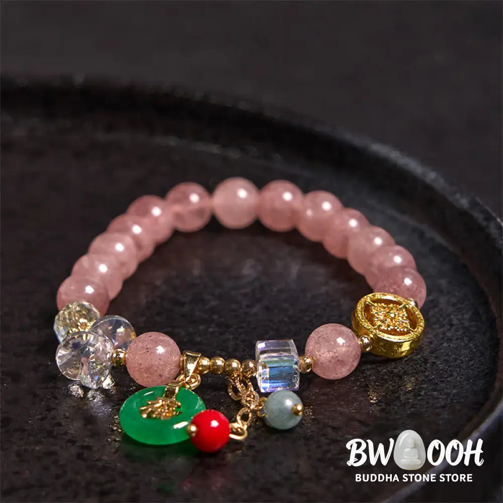 Buddha Stones Strawberry Quartz Jade Fu Character Charm Healing Bracelet - BWOOOH - Bracelet