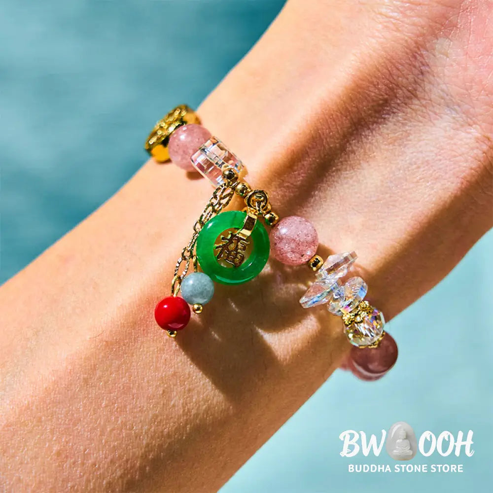 Buddha Stones Strawberry Quartz Jade Fu Character Charm Healing Bracelet - BWOOOH - Bracelet