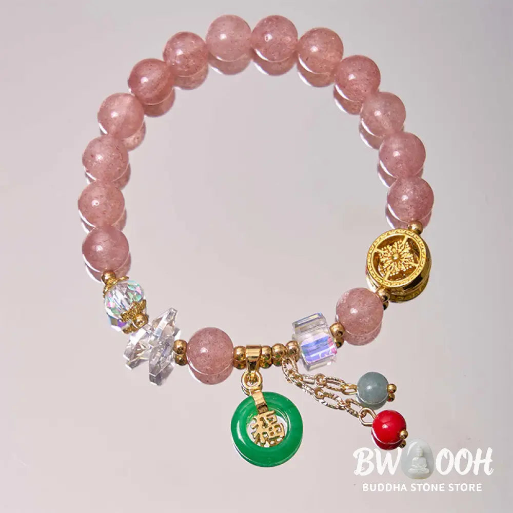 Buddha Stones Strawberry Quartz Jade Fu Character Charm Healing Bracelet - BWOOOH - Bracelet