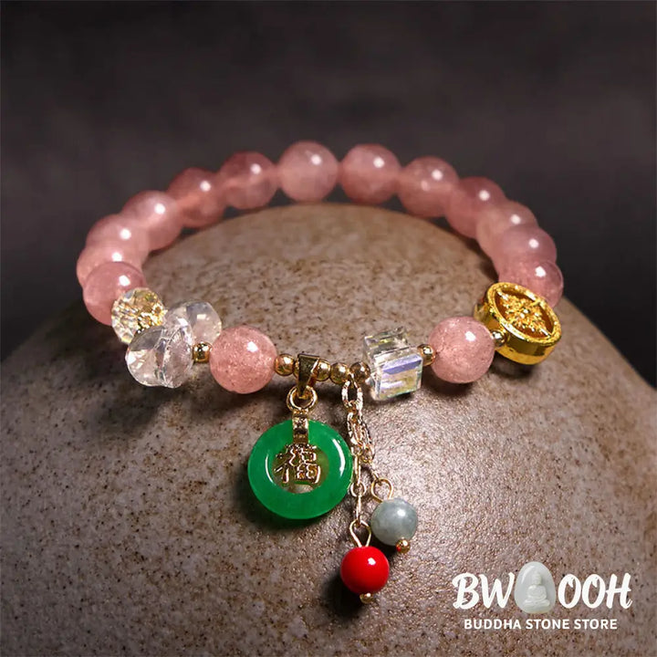 Buddha Stones Strawberry Quartz Jade Fu Character Charm Healing Bracelet - BWOOOH - Bracelet