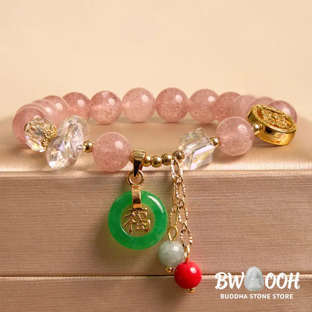 Buddha Stones Strawberry Quartz Jade Fu Character Charm Healing Bracelet - BWOOOH - Bracelet