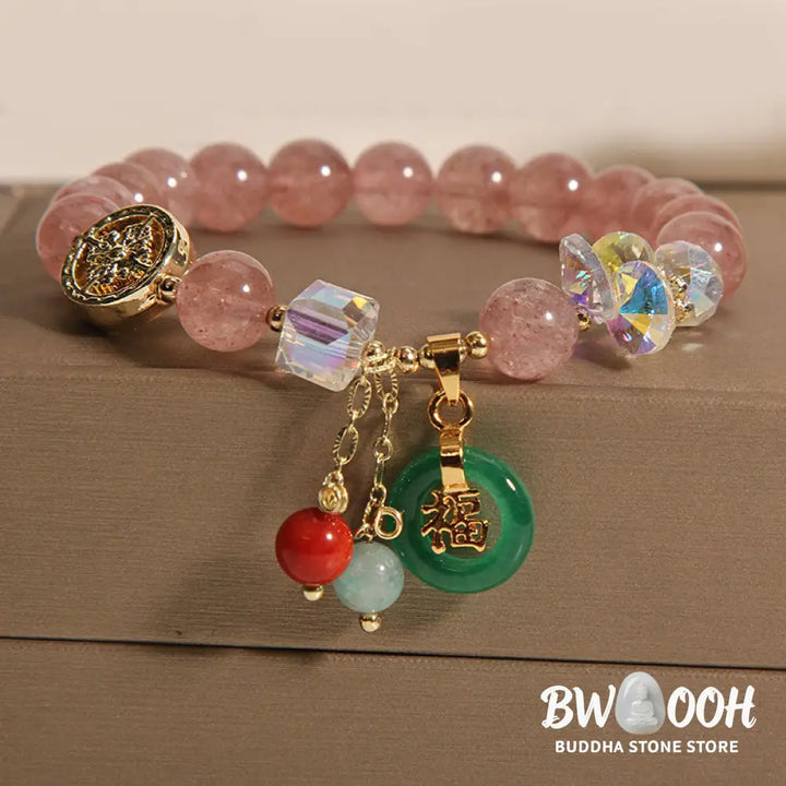 Buddha Stones Strawberry Quartz Jade Fu Character Charm Healing Bracelet - BWOOOH - Bracelet