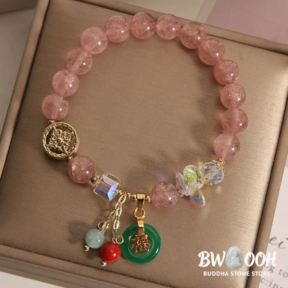 Buddha Stones Strawberry Quartz Jade Fu Character Charm Healing Bracelet - BWOOOH - Bracelet