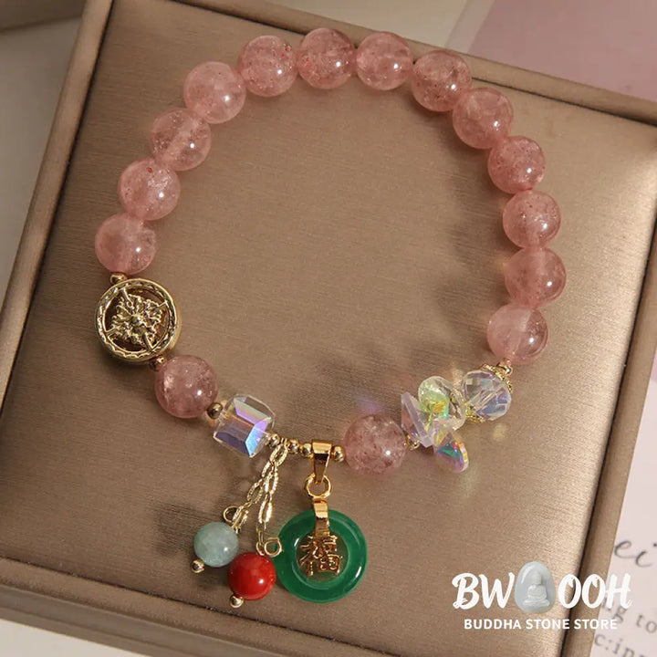 Buddha Stones Strawberry Quartz Jade Fu Character Charm Healing Bracelet - BWOOOH - Bracelet