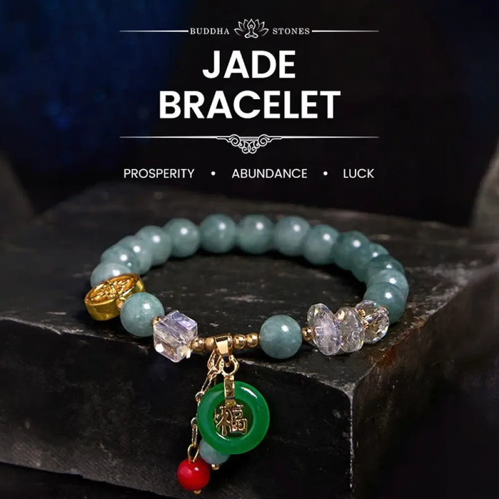 Buddha Stones Strawberry Quartz Jade Fu Character Charm Healing Bracelet - BWOOOH - Jade(Wrist Circumference 14-16cm)