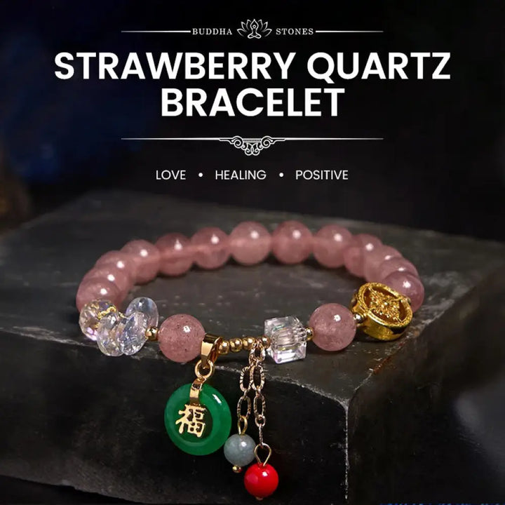 BWOOOH Strawberry Quartz Jade Fu Character Charm Healing Bracelet - BWOOOH - Strawberry Quartz(Wrist