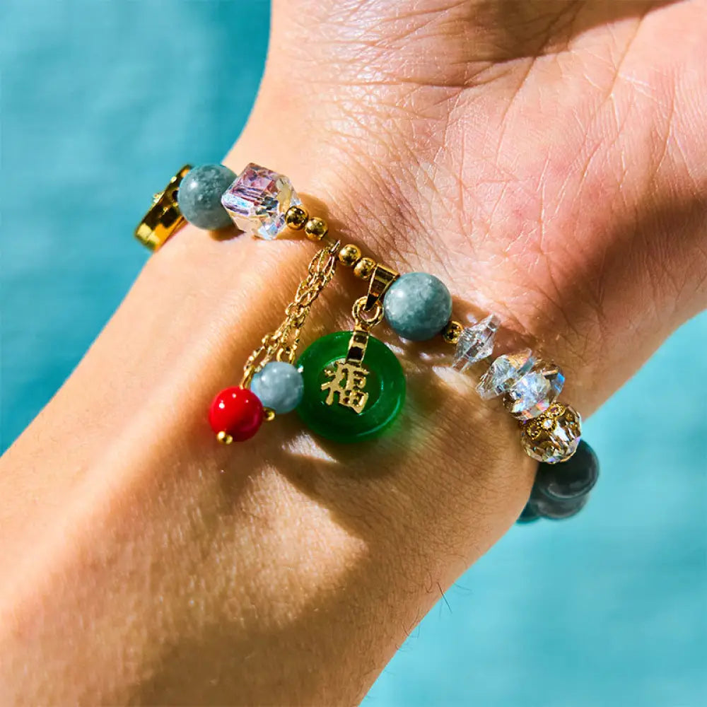 Buddha Stones Strawberry Quartz Jade Fu Character Charm Healing Bracelet - BWOOOH - Jade(Wrist Circumference 14-16cm)