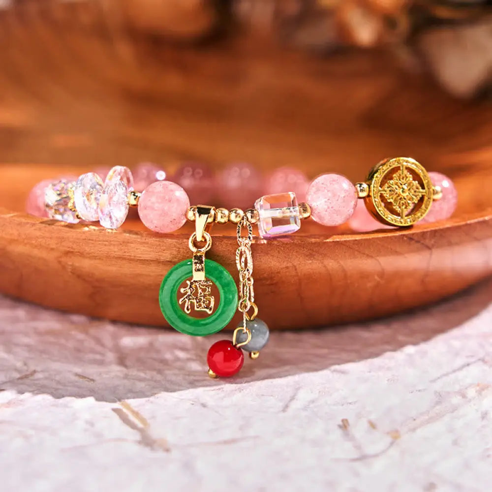 BWOOOH Strawberry Quartz Jade Fu Character Charm Healing Bracelet - BWOOOH - Strawberry Quartz(Wrist