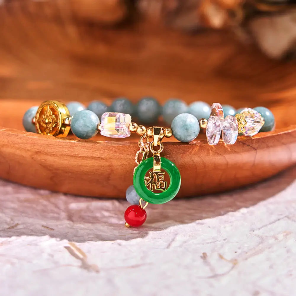 Buddha Stones Strawberry Quartz Jade Fu Character Charm Healing Bracelet - BWOOOH - Jade(Wrist Circumference 14-16cm)