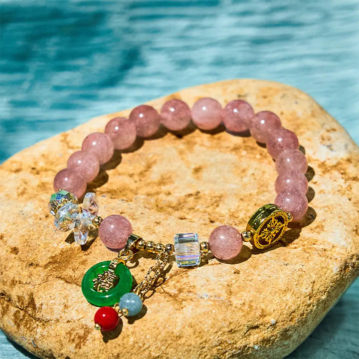BWOOOH Strawberry Quartz Jade Fu Character Charm Healing Bracelet — Strawberry Quartz jade bracelet for spiritual healing ...