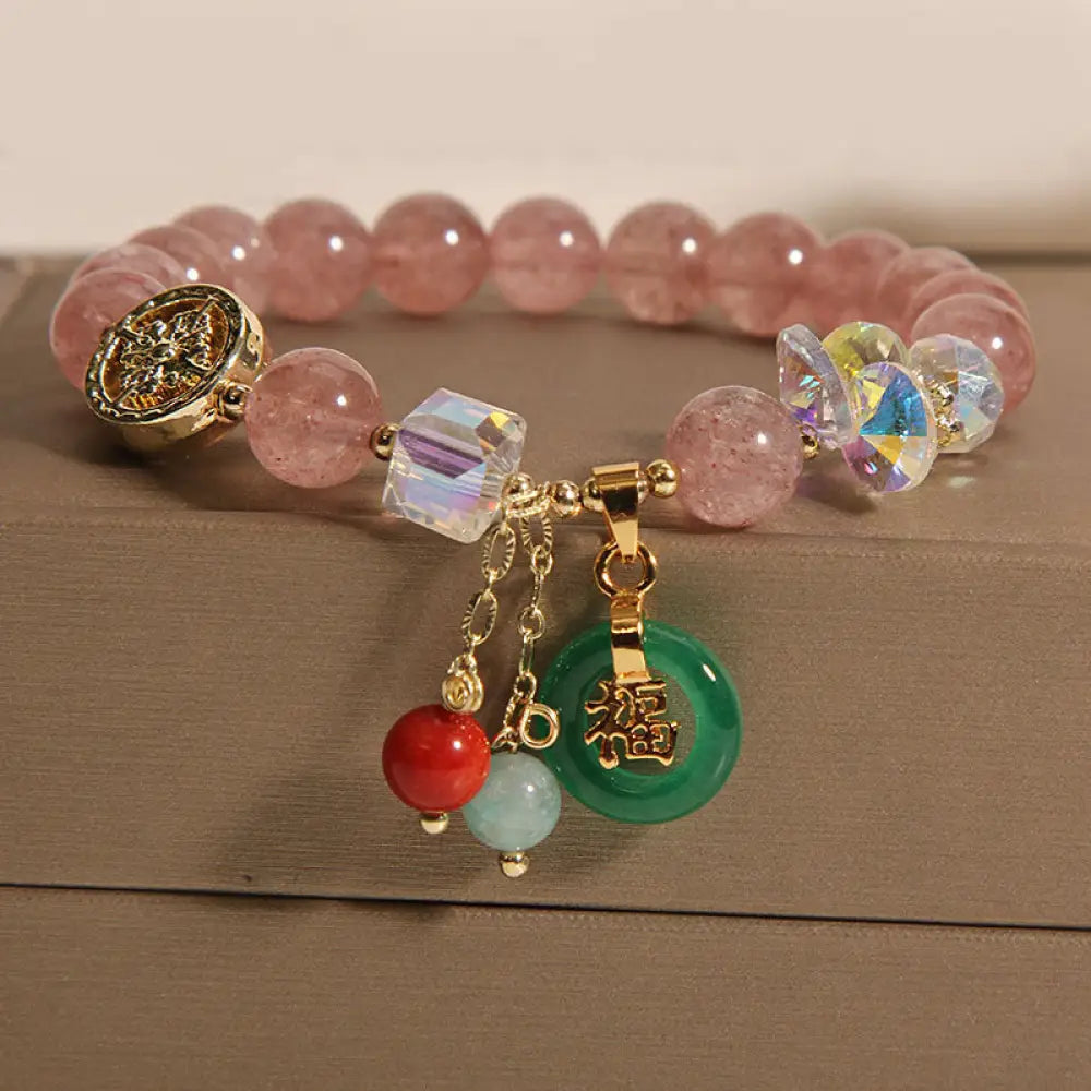 BWOOOH Strawberry Quartz Jade Fu Character Charm Healing Bracelet - Strawberry Quartz(Wrist Circumference