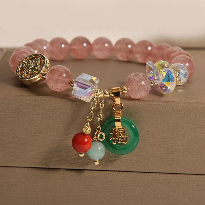 BWOOOH Strawberry Quartz Jade Fu Character Charm Healing Bracelet - Strawberry Quartz(Wrist Circumference