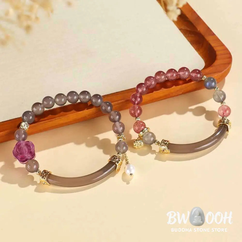 Buddha Stones Strawberry Quartz Labradorite Fluorite Pearl Cuff Half Bracelet Bangle - BWOOOH - Bracelet