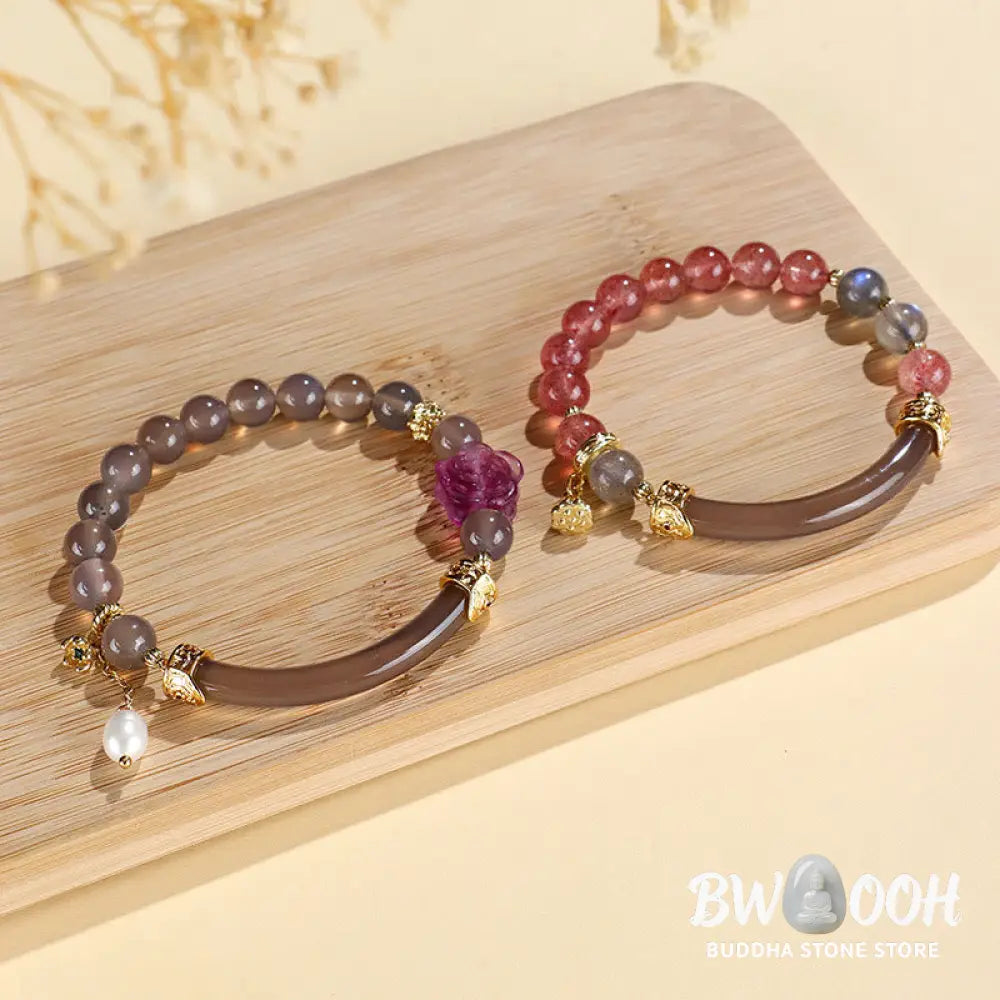 Buddha Stones Strawberry Quartz Labradorite Fluorite Pearl Cuff Half Bracelet Bangle - BWOOOH - Bracelet