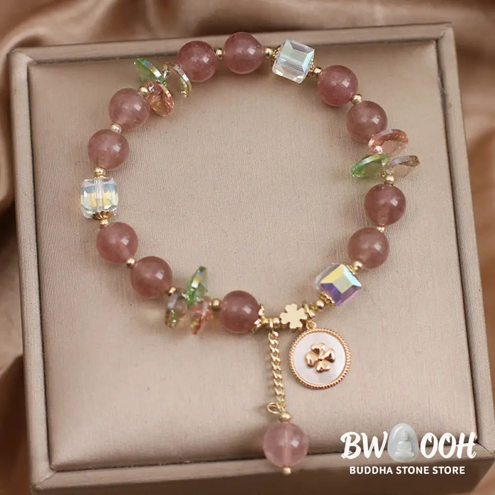 Buddha Stones Strawberry Quartz Lucky Four Leaf Clover Healing Charm Bracelet - Strawberry Quartz(Love♥Healing)(Wrist