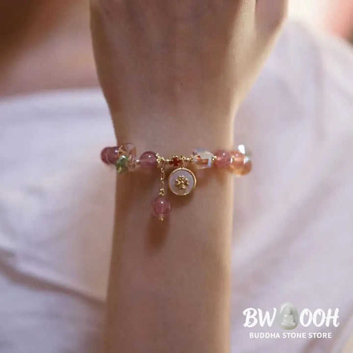 Buddha Stones Strawberry Quartz Lucky Four Leaf Clover Healing Charm Bracelet - Strawberry Quartz(Love♥Healing)(Wrist