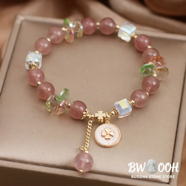 Buddha Stones Strawberry Quartz Lucky Four Leaf Clover Healing Charm Bracelet - Strawberry Quartz(Love♥Healing)(Wrist