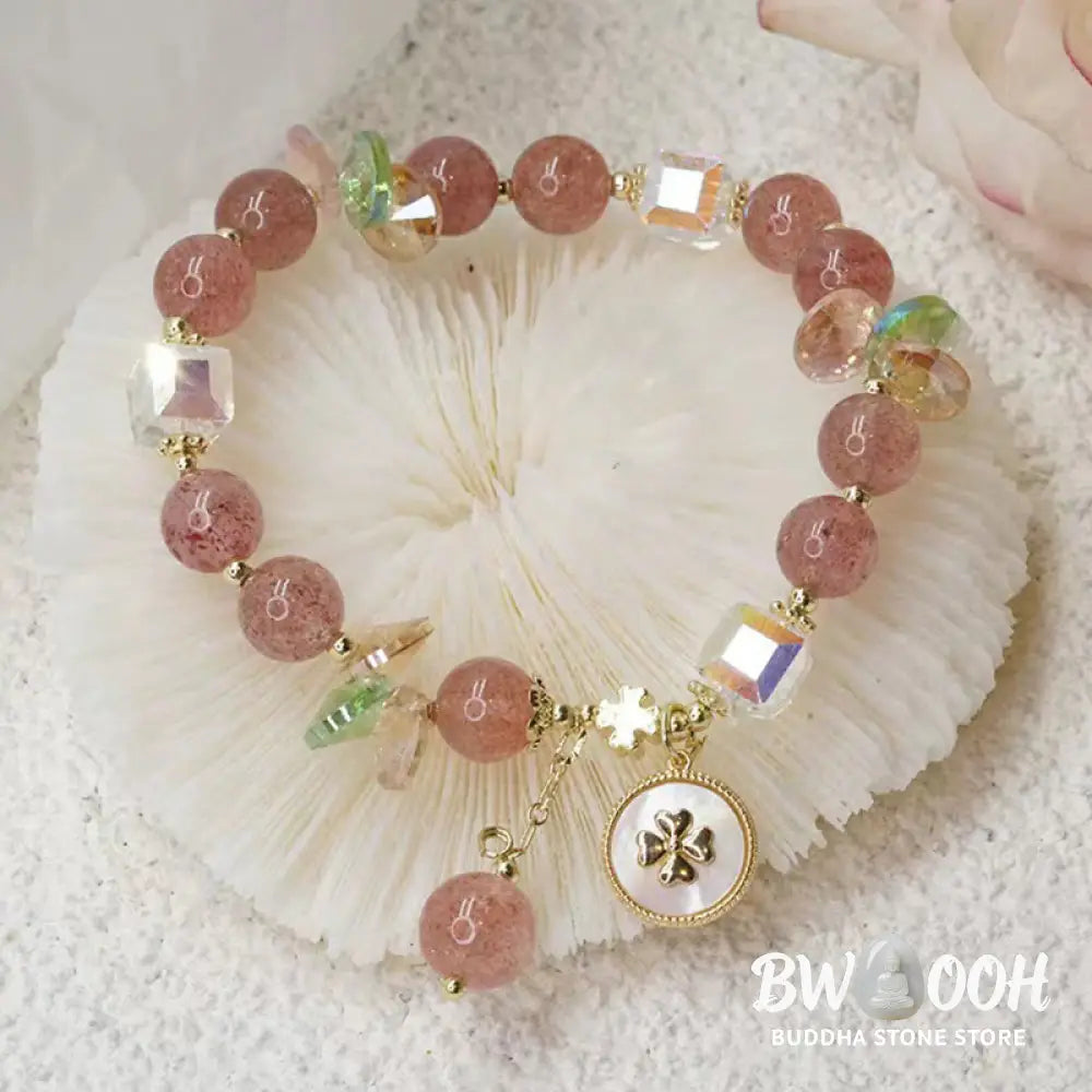Buddha Stones Strawberry Quartz Lucky Four Leaf Clover Healing Charm Bracelet - Strawberry Quartz(Love♥Healing)(Wrist