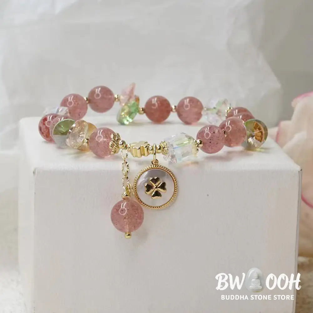 Buddha Stones Strawberry Quartz Lucky Four Leaf Clover Healing Charm Bracelet - Strawberry Quartz(Love♥Healing)(Wrist