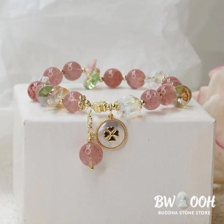 Buddha Stones Strawberry Quartz Lucky Four Leaf Clover Healing Charm Bracelet - Strawberry Quartz(Love♥Healing)(Wrist