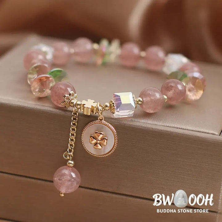 Buddha Stones Strawberry Quartz Lucky Four Leaf Clover Healing Charm Bracelet - Strawberry Quartz(Love♥Healing)(Wrist