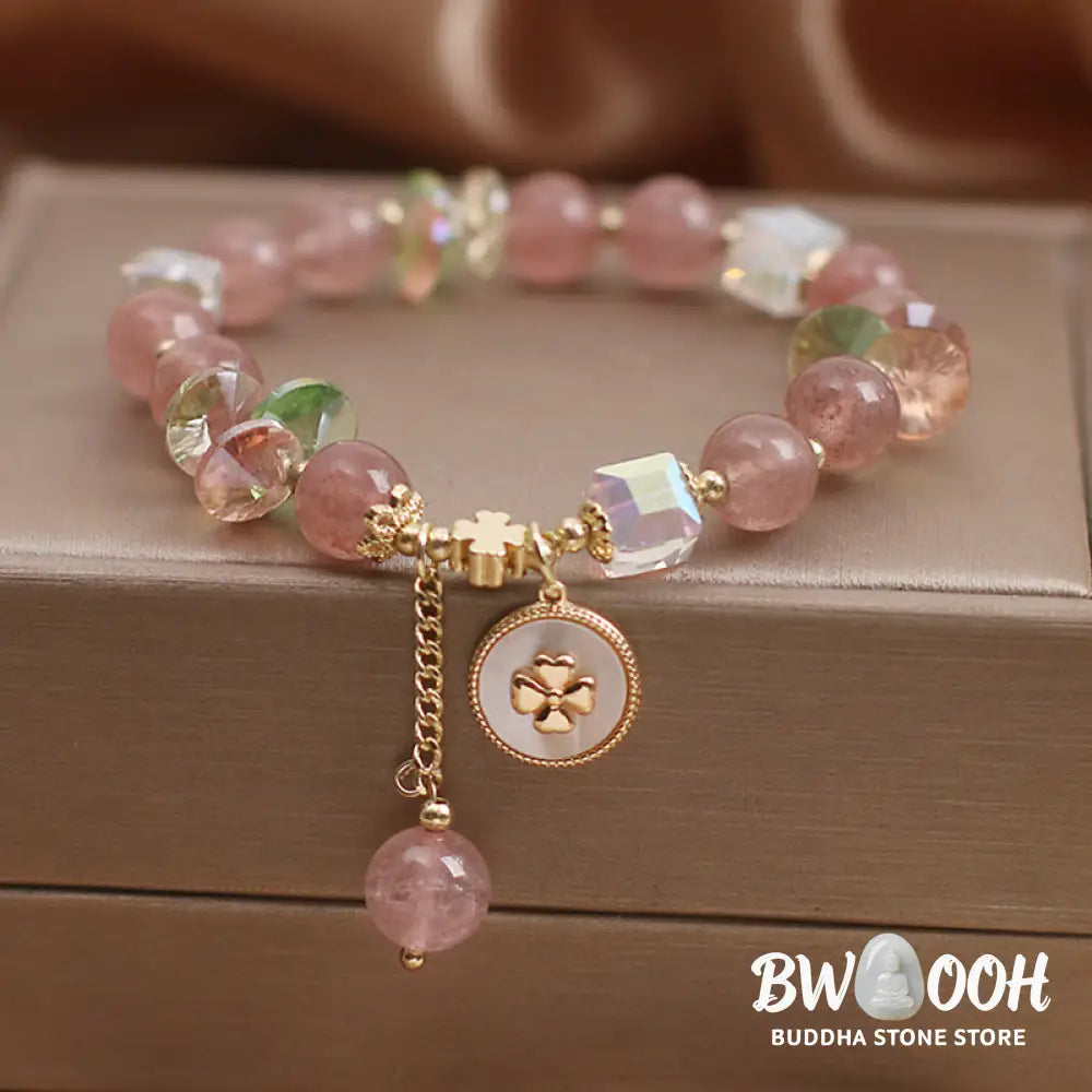 Buddha Stones Strawberry Quartz Lucky Four Leaf Clover Healing Charm Bracelet - Strawberry Quartz(Love♥Healing)(Wrist