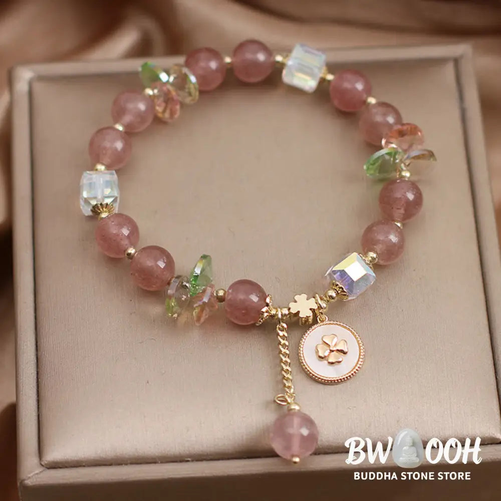 Buddha Stones Strawberry Quartz Lucky Four Leaf Clover Healing Charm Bracelet - Strawberry Quartz(Love♥Healing)(Wrist
