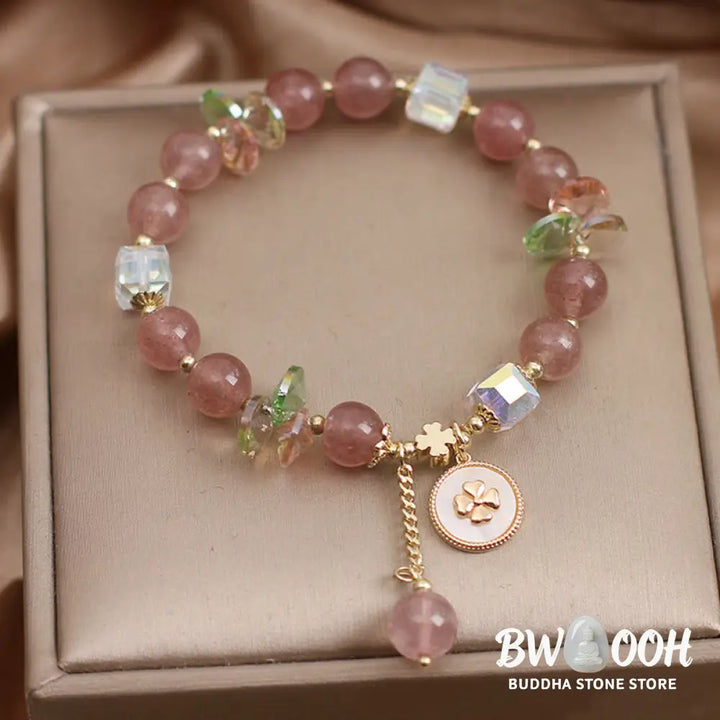 Buddha Stones Strawberry Quartz Lucky Four Leaf Clover Healing Charm Bracelet - Strawberry Quartz(Love♥Healing)(Wrist