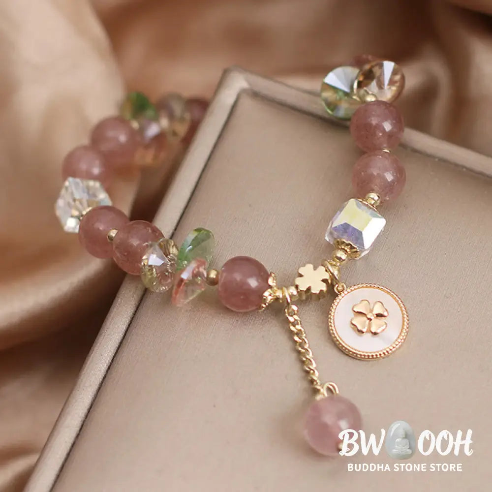 Buddha Stones Strawberry Quartz Lucky Four Leaf Clover Healing Charm Bracelet - Strawberry Quartz(Love♥Healing)(Wrist