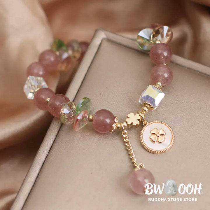 Buddha Stones Strawberry Quartz Lucky Four Leaf Clover Healing Charm Bracelet - Strawberry Quartz(Love♥Healing)(Wrist