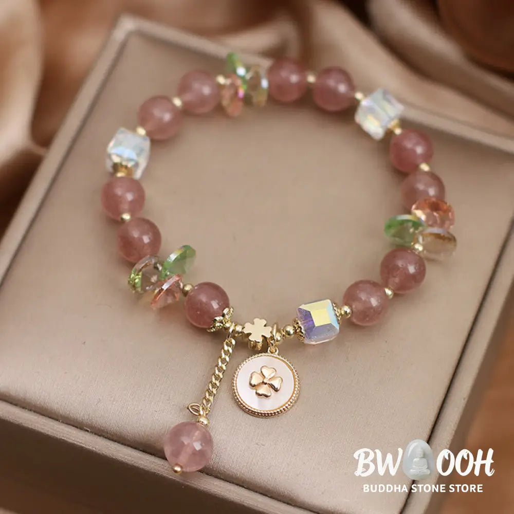 Buddha Stones Strawberry Quartz Lucky Four Leaf Clover Healing Charm Bracelet - Strawberry Quartz(Love♥Healing)(Wrist