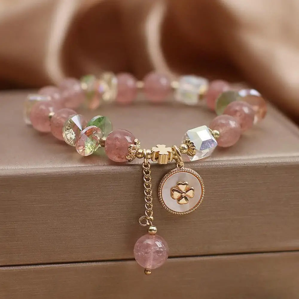 Buddha Stones Strawberry Quartz Lucky Four Leaf Clover Healing Charm Bracelet - Strawberry Quartz(Love♥Healing)(Wrist