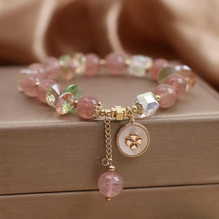 Buddha Stones Strawberry Quartz Lucky Four Leaf Clover Healing Charm Bracelet - Strawberry Quartz(Love♥Healing)(Wrist