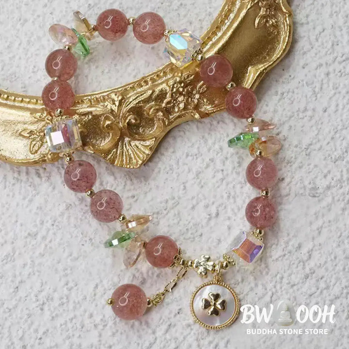 Buddha Stones Strawberry Quartz Lucky Four Leaf Clover Healing Charm Bracelet - Strawberry Quartz(Love♥Healing)(Wrist