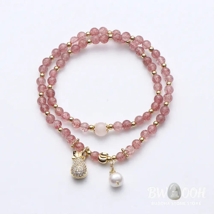 BWOOOH Strawberry Quartz Money Bag Positive Charm Double Wrap Bracelet - Strawberry Quartz(Love♥Healing)