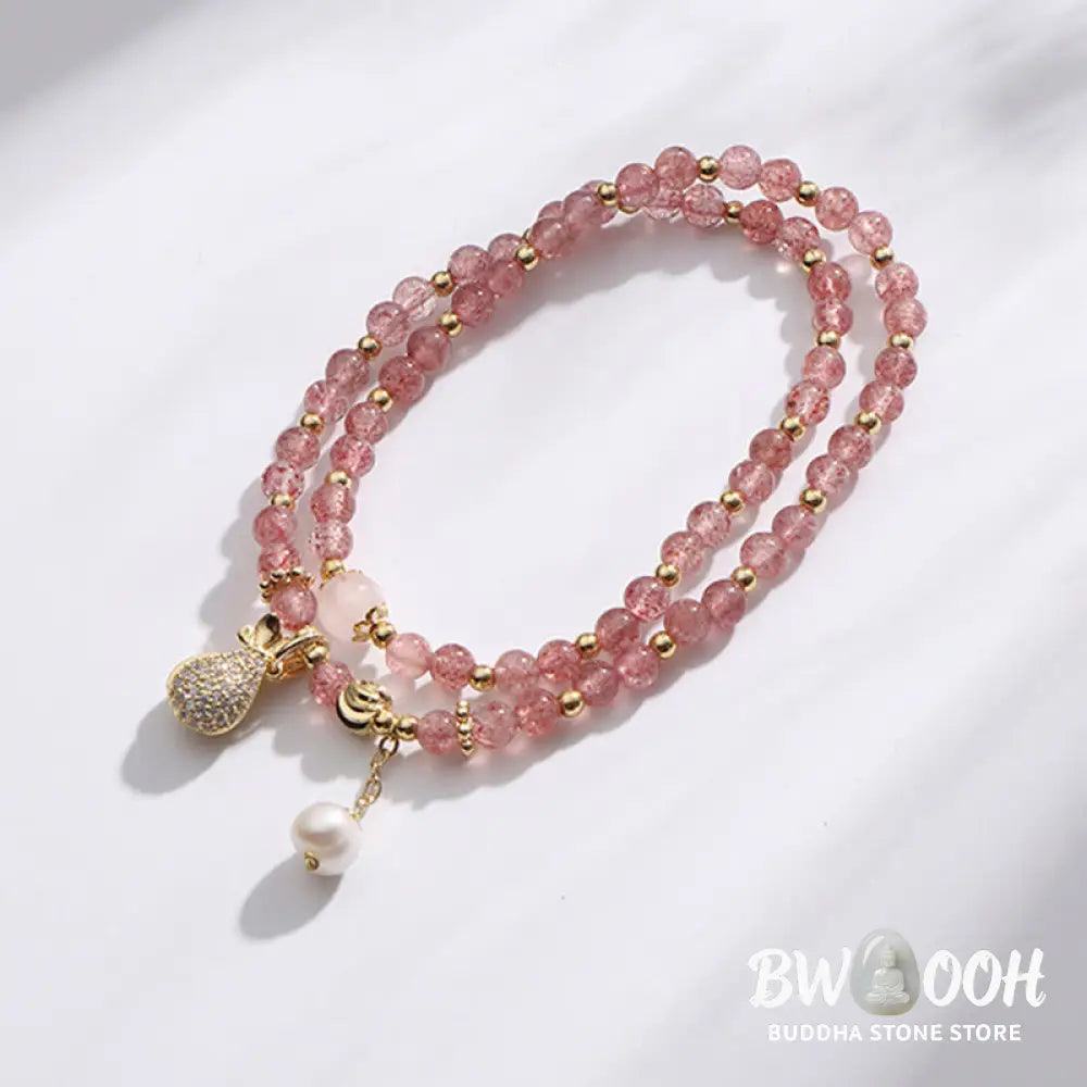 BWOOOH Strawberry Quartz Money Bag Positive Charm Double Wrap Bracelet - Strawberry Quartz(Love♥Healing)