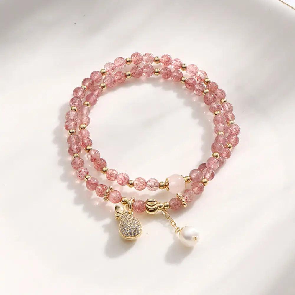 BWOOOH Strawberry Quartz Money Bag Positive Charm Double Wrap Bracelet - Strawberry Quartz(Love♥Healing)