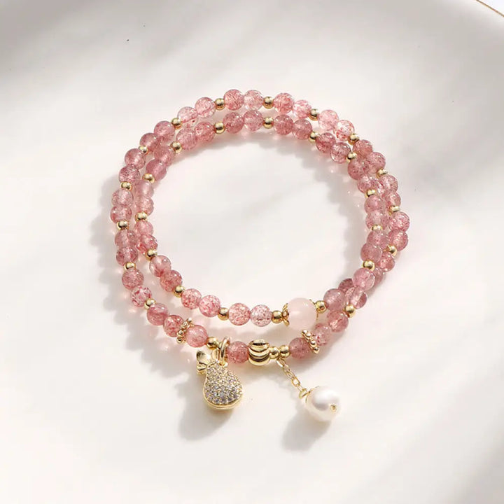 BWOOOH Strawberry Quartz Money Bag Positive Charm Double Wrap Bracelet - Strawberry Quartz(Love♥Healing)