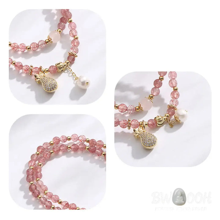 BWOOOH Strawberry Quartz Money Bag Positive Charm Double Wrap Bracelet - Strawberry Quartz(Love♥Healing)