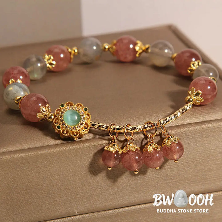 Buddha Stones Strawberry Quartz Moonstone Healing Tassel Charm Bracelet - BWOOOH - Strawberry Quartz&amp;Moonstone(Wrist