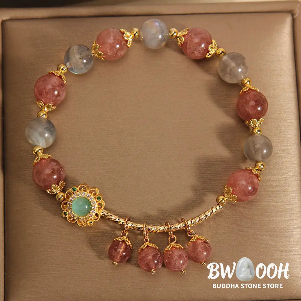 Buddha Stones Strawberry Quartz Moonstone Healing Tassel Charm Bracelet - BWOOOH - Strawberry Quartz&amp;Moonstone(Wrist